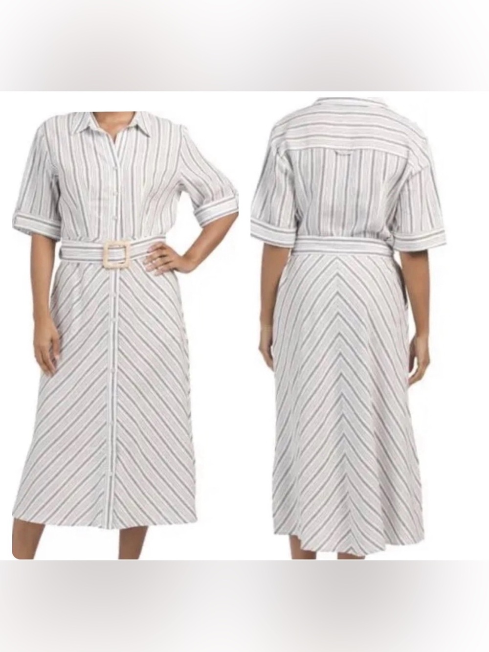 Tahari Striped Linen Blend Button Up Midi‎ Dress Belt XL Short sleeve Lagenlook